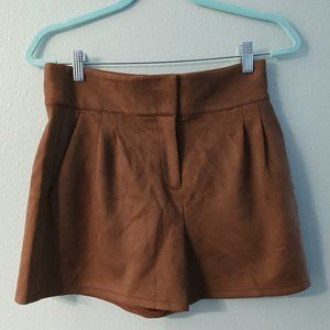 Dark Camel High Waisted Pleated Faux Suede Shorts (Size 4)